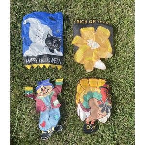Lot Of 4 Vtg Garden Nylon Fall Halloween Thanksgiving Flags Ghost Cat Scarcecrow
